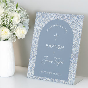 Signe De Table Arc de baptême garçon bleu blanc motif floral Bien
