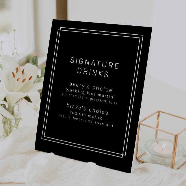 Signe De Table AVERA Black Mariage Signature moderne Boissons (AVERY Modern Black Wedding Signature Drinks Pedestal Sign)