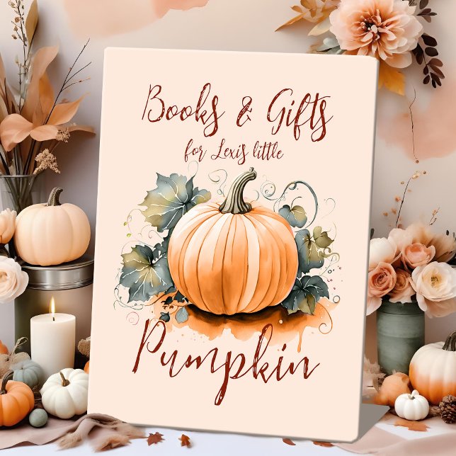 Signe De Table Baby shower d'automne Aquarelle Citrouille tableau (Fall baby shower gift table Pumpkin sign, a decoration idea with a boho chic gender neutral theme.)
