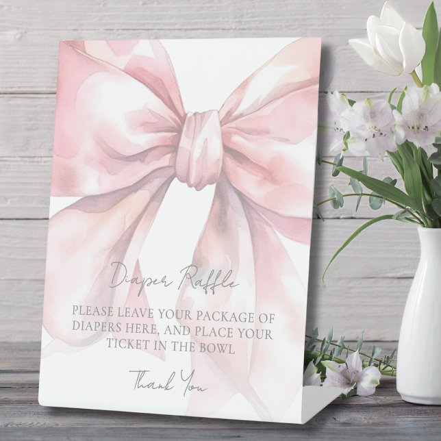 Signe De Table Baby shower de béquille rose Raffin (Diaper Raffle Enclosure Card Pink Bow Baby Shower Pedestal Sign)