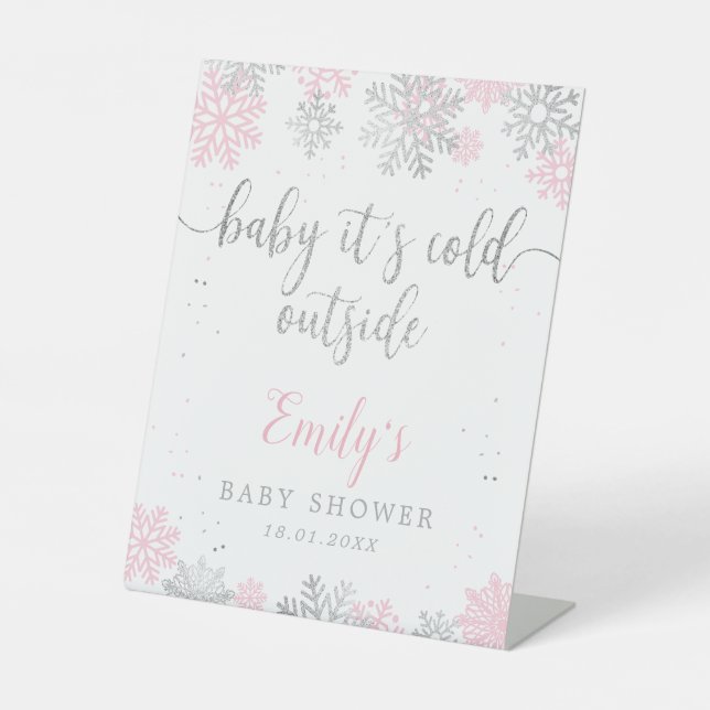 Signe De Table Baby shower des flocons d'argent rose Bienvenue (Recto)