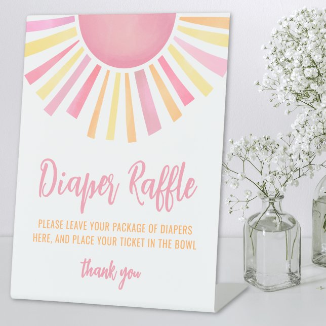 Signe De Table Baby shower diaper raffe rose soleil (Diaper Raffle Pink Sun Baby Shower Pedestal Sign)