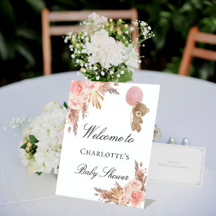 Signe De Table Baby shower en peluche ours pampas herbe rose rous