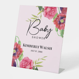 Signe De Table Baby shower Fleurs rouges roses modernes sur rose