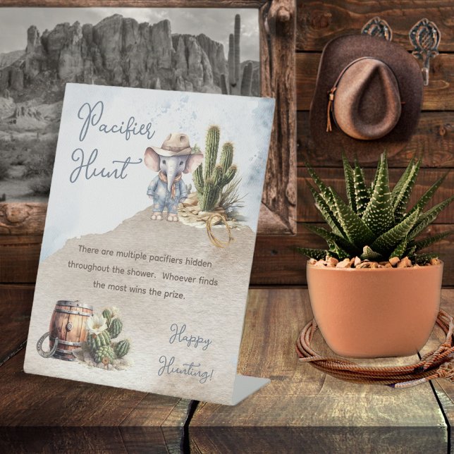 Signe De Table Baby shower occidental de cowboy à éléphant chasse (Rustic Western Elephant Cowboy Boy Baby Shower Pacifier Hunt Pedestal Sign)