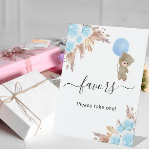 Signe De Table Baby shower pampas herbe bleu ours en peluche fave