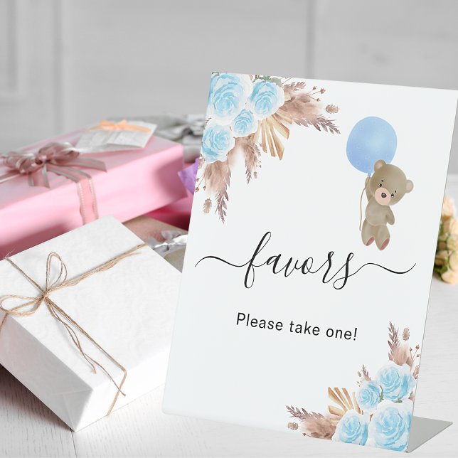 Signe De Table Baby shower pampas herbe bleu ours en peluche fave (Créateur téléchargé)