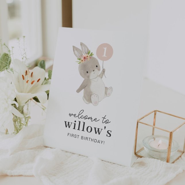Signe De Table Ballons roses Bunny 1er Affiche de bienvenue d'ann (Créateur téléchargé)