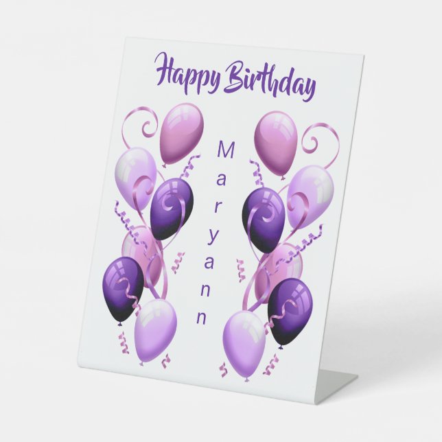 Signe De Table Ballons violets Personnalisé Joyeux Anniversaire (Recto)