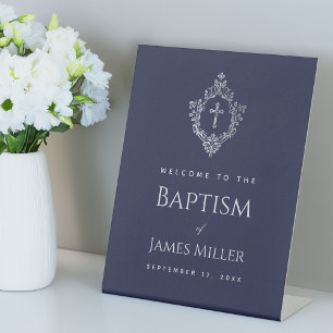 Signe De Table Baptême Garçon Marine Bleu Vintage Crest Croix Bie