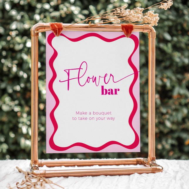 Signe De Table Bar à Fleurs Roses Wavy Faire un Bouquet Faveurs (Hot pink wavy border flower bar sign - make a bouquet to take on your way)