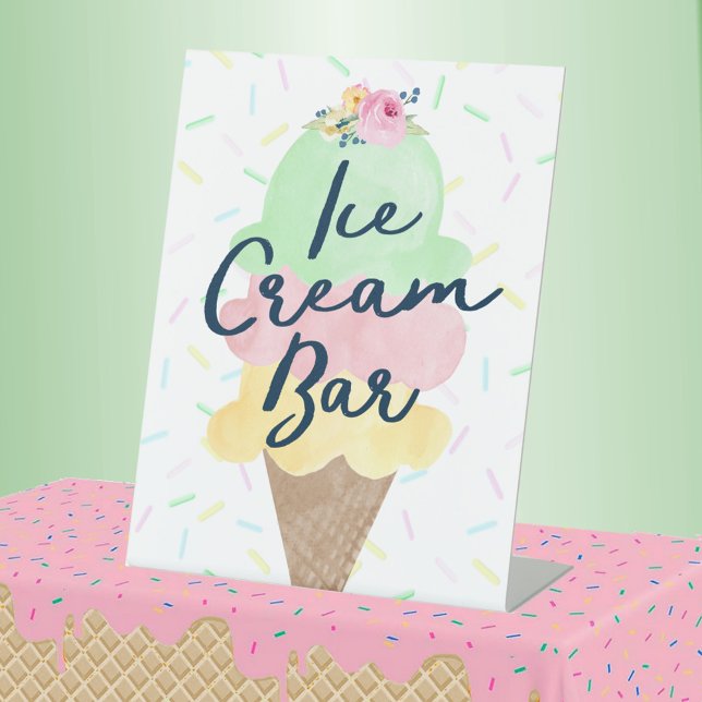 Signe De Table Bar à Glace (Watercolor Ice Cream Bar Party Pedestal Sign for Birthday, Baby Shower or Scooped Up Bridal Shower)