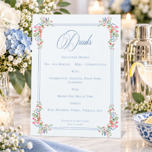 Signe De Table Bar Élégant Bleu Pastel Fleur Sauvage Crête Mariag