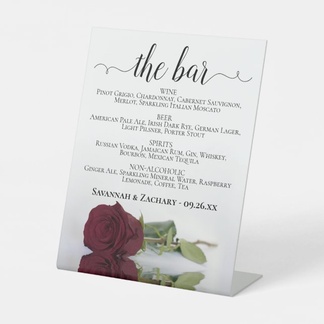 Signe De Table Bar Elégant Rose de Bourgogne Boissons Menu Mariag (Recto)