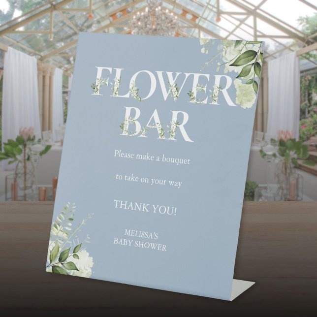 Signe De Table Bar Fleur Vert Floral Dusty Baby shower Bleu (Flower Bar Greenery Floral Dusty Blue Baby Shower Pedestal Sign)