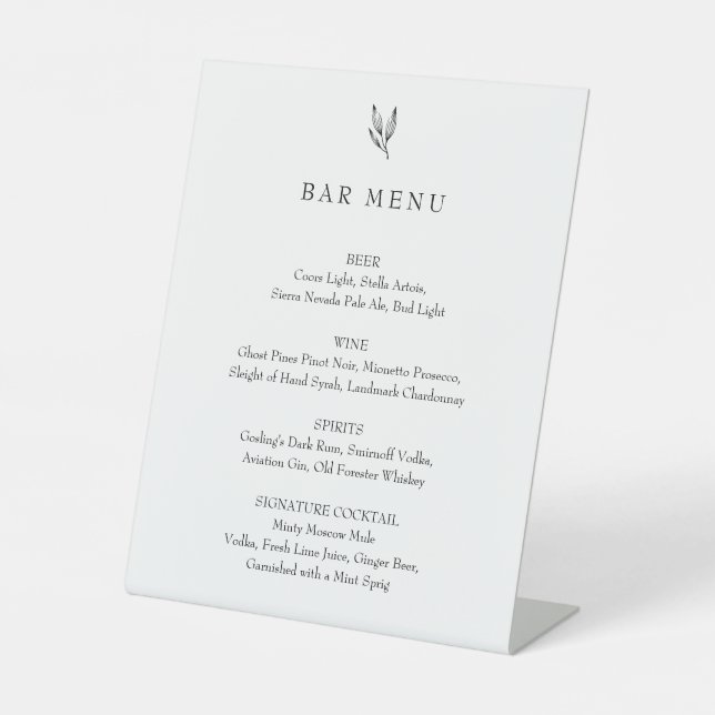 Signe De Table Bar Menu Minimalist Botanical Wedding Drinks List (Recto)