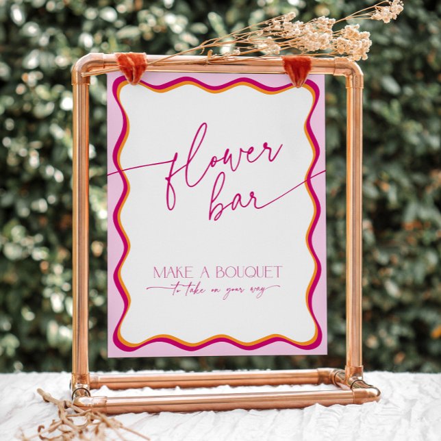 Signe De Table Barre de Fleur Bridal Rouge Orange Rouge Rétro (pink and orange wavy border flower bar sign)