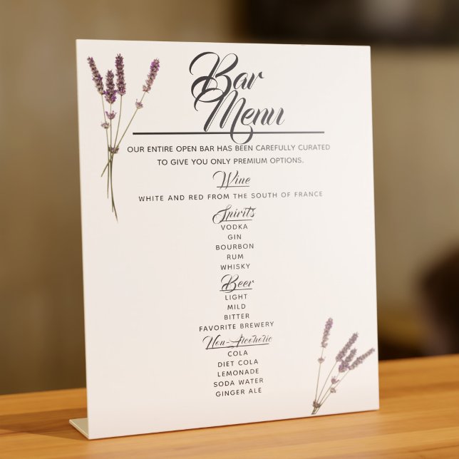 Signe De Table Barre Menu Lavender Mariage Boissons Signal Pedest (A lovely lavender Bar Menu pedestal sign for your list of drinks available at your wedding. )