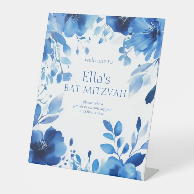 Signe De Table Bat mitzvah d'aquarelle Blue Blooms (Recto)