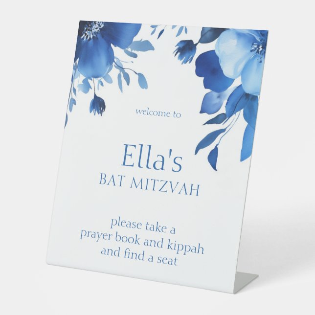Signe De Table Bat mitzvah d'aquarelle Blue Blooms (Recto)