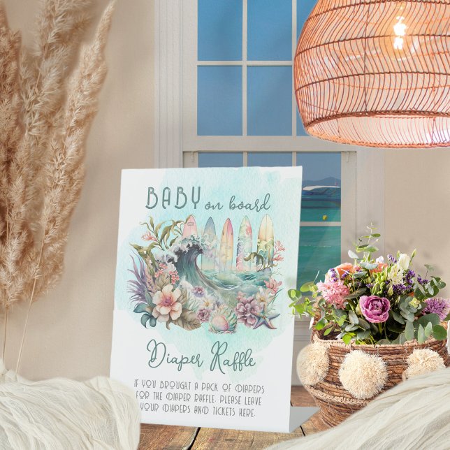 Signe De Table Bébé à bord Tropical Surfing Diaper Raffle (Créateur téléchargé)