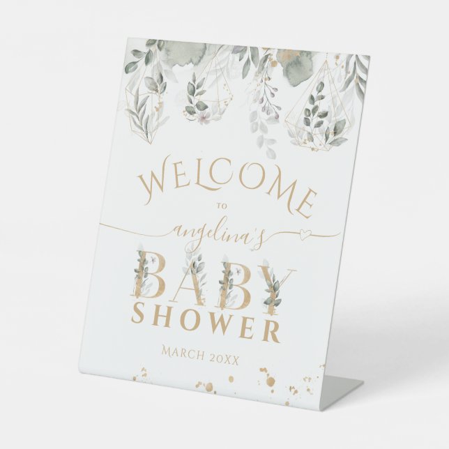 Signe De Table Bébé en fleur Baby shower vert & or (Recto)