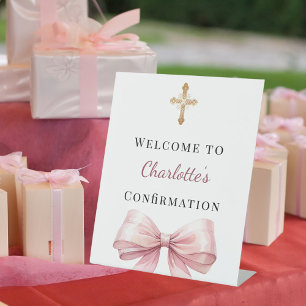 Signe De Table Bienvenue de confirmation avec un nœud rose