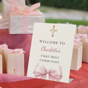Signe De Table Bienvenue pour la première communion avec un nœud 