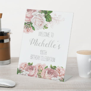 Signe De Table Bienvenue pour les 100 ans Fleur Rose Blush