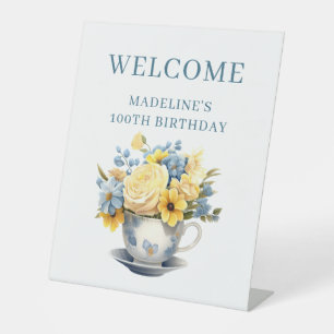 Signe De Table Bienvenue pour les 100 ans Fleurs Jaunes Bleues Ta