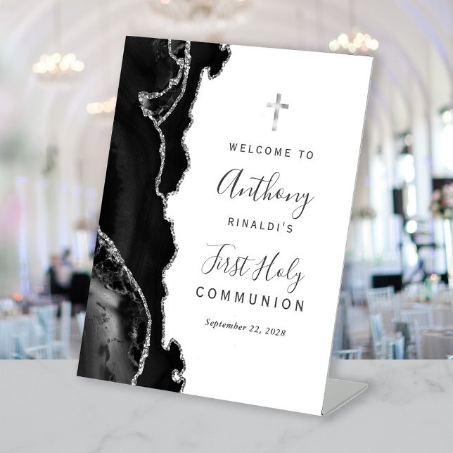 Signe De Table Black Agate Argent Première Communion Sainte Bienv (Créateur téléchargé)