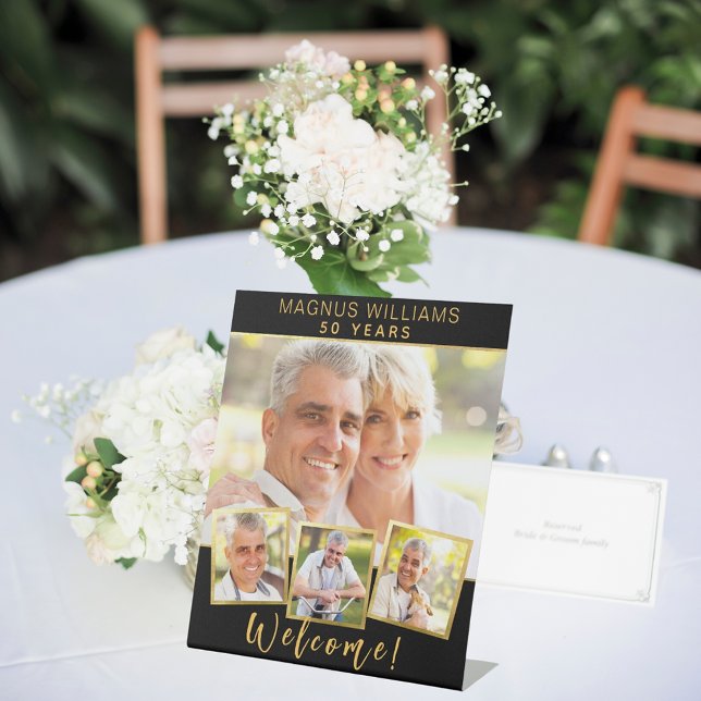 Signe De Table Black gold photo collage anniversaire fête d'anniv (Créateur téléchargé)