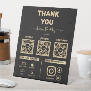 Signe De Table Black & Gold Scan pour payer 3 codes QR Merci