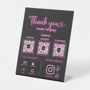Signe De Table Black Neon Pink Scan pour payer 3 codes QR Merci