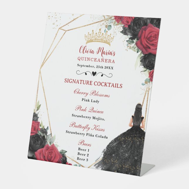 Signe De Table Black Red Floral Gold Quinceañera Cocktails Menu (Recto)