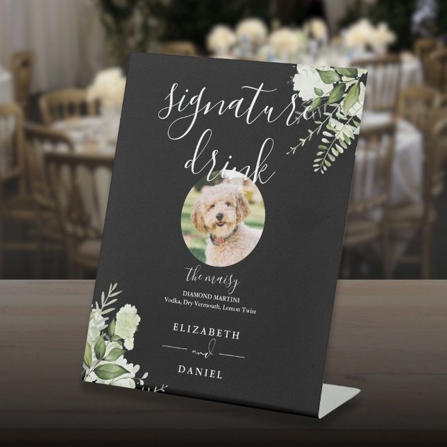 Signe De Table Blanc Noir Vert Mariage Animaux de compagnie Signa (Black White Greenery Wedding Pet Signature Drink Pedestal Sign)