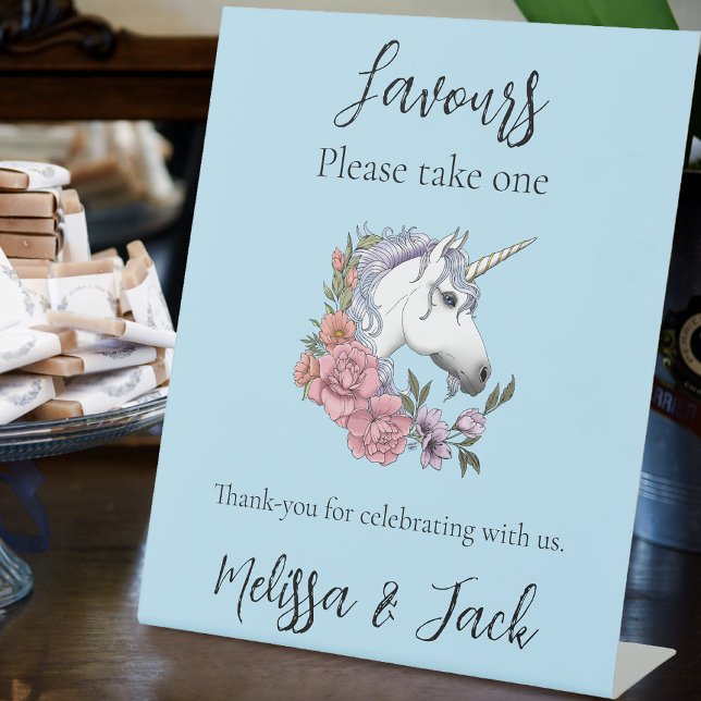 Signe De Table Blanc Unicorne Rose Fleurs Bleu Mariage Faveurs (Créateur téléchargé)