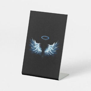 Signe De Table Blue Glowing Angel Wings on black background