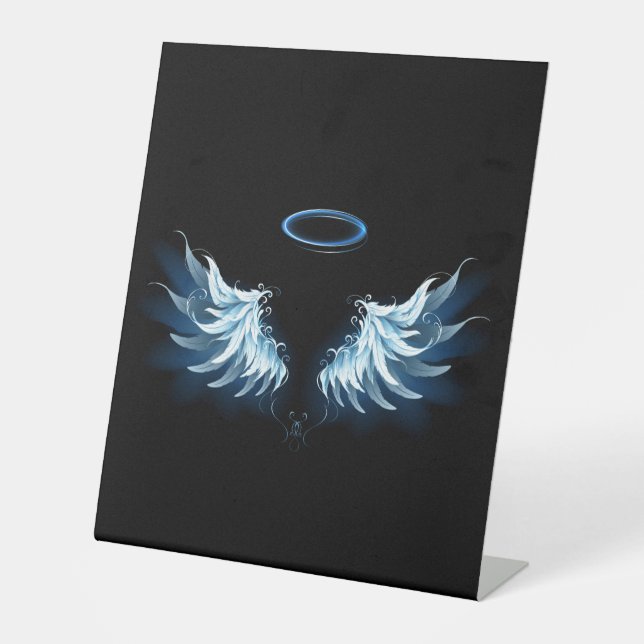 Signe De Table Blue Glowing Angel Wings on black background (Recto)
