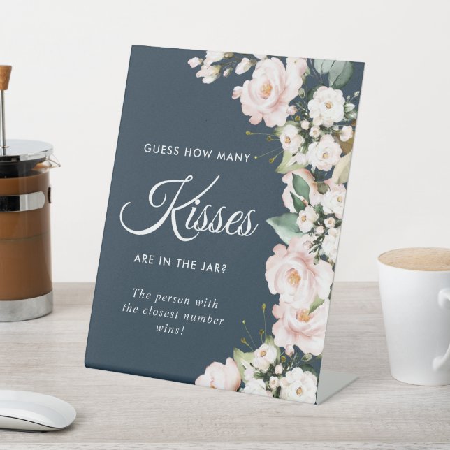 Signe De Table Blush Rose Flowers & Navy Combien de baisers (In SItu)