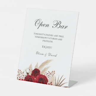 Signe De Table Boho Burgundy Roses Pampas Grass Open Bar