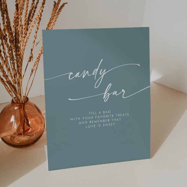 Signe De Table Boho Chic moderne Seafoam Turquoise Candy Bar Mari (Boho Chic Modern Seafoam Teal Candy Bar Wedding Pedestal Sign)