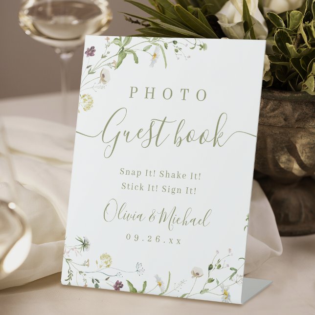 Signe De Table Boho Fleur sauvage rustique Mariage Photo Livre d' (Boho Wildflower rustic Wedding Photo Guest Book Pedestal Sign)