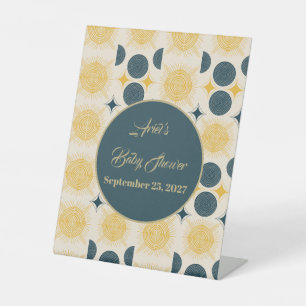 Signe De Table Boho Personnalisé Lune Soleil Étoiles Bleu Jaune