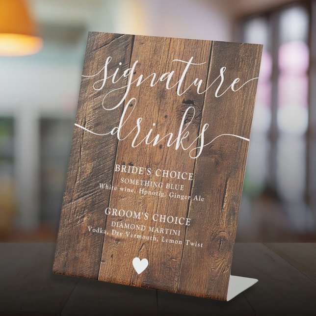 Signe De Table Boho Rustique Boho Grange Signature Boissons (Rustic Wood Boho Barn Signature Drinks Pedestal Sign)