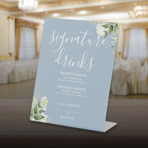 Signe De Table Boissons de signature de mariage florales bleu pou