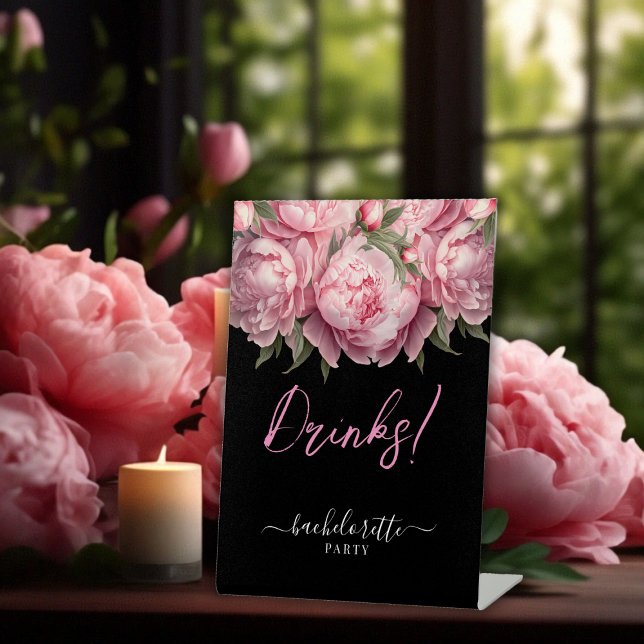 Signe De Table Boissons pour enterrement de vie de jeune fille au (Pink Peonies Watercolor Bachelorette Party Drinks Pedestal Sign)