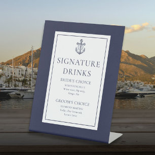 Signe De Table Boissons Signature à l'ancre nautique bleu marine
