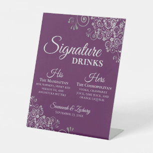 Signe De Table Boissons Signature Élégant Mariage Argent & Prune
