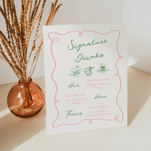 Signe De Table Boissons Signature Rose Et Vert Dessinées À La Mai
